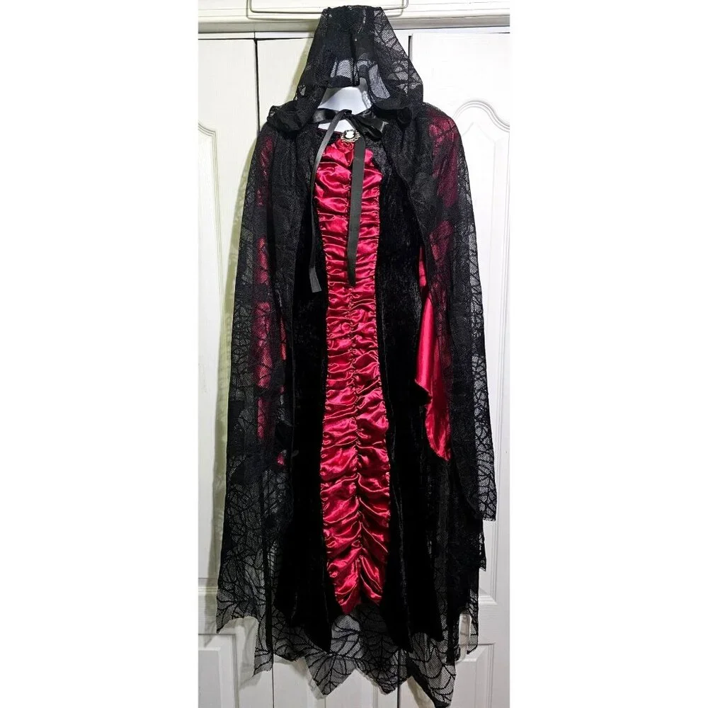 Vampire Costume Girls 10-12 Victorian Velvet Satin Dress Hooded Bat Cape Fangs - Picture 2 of 9